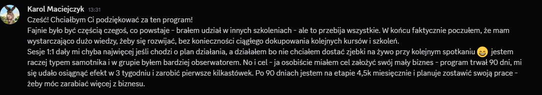 Wiadomość od Karola Maciejczyka na Discordzie - po 90 dniach 4,5k miesięcznie, planuje zostawić pracę
